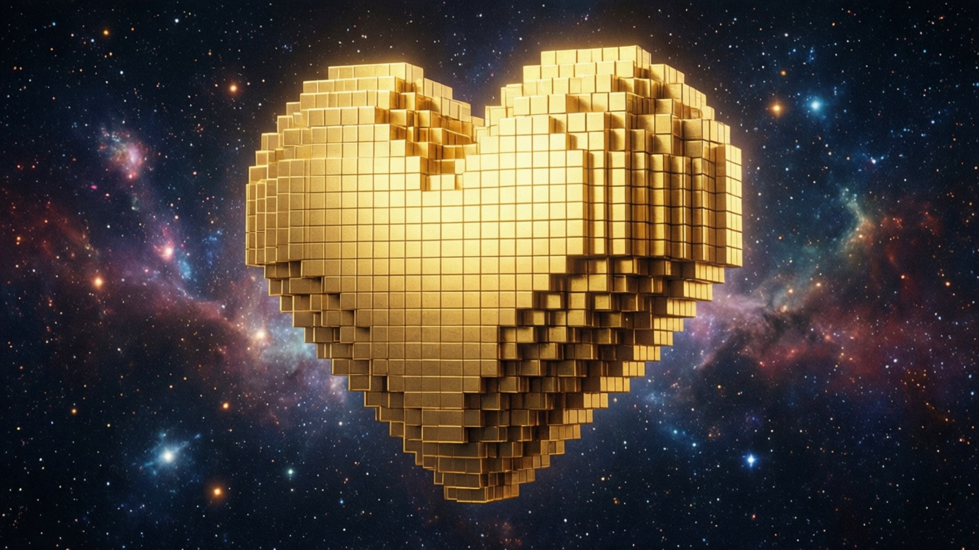 金色像素心臟漂浮在色彩繽紛的星空星雲中。
