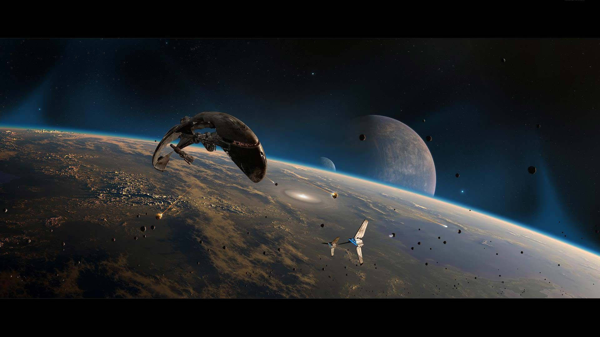 太空中的飛船殘骸 壁紙 — 兩艘太空船在星際宇宙天空下，於行星和月球附近的小行星帶中航行。