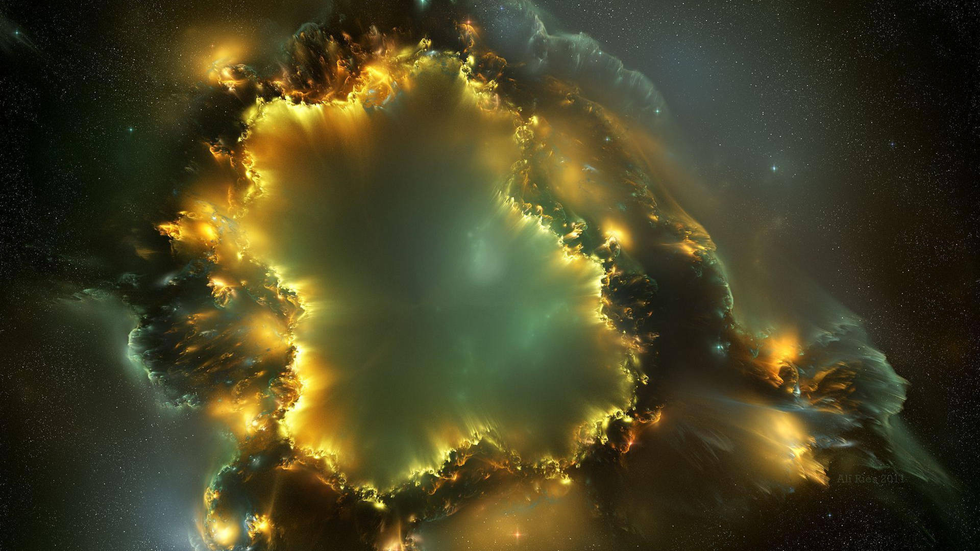 深空中星雲色彩繽紛，有黃色和藍綠色的雲團，點綴著星星。