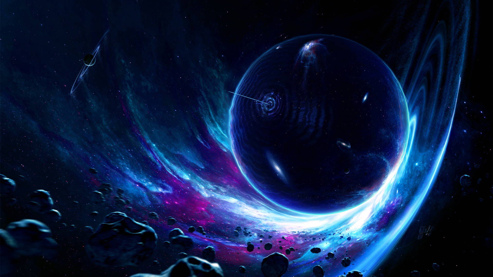 一顆藍色行星被旋轉的宇宙漩渦和漂浮的小行星包圍，在深空中。
