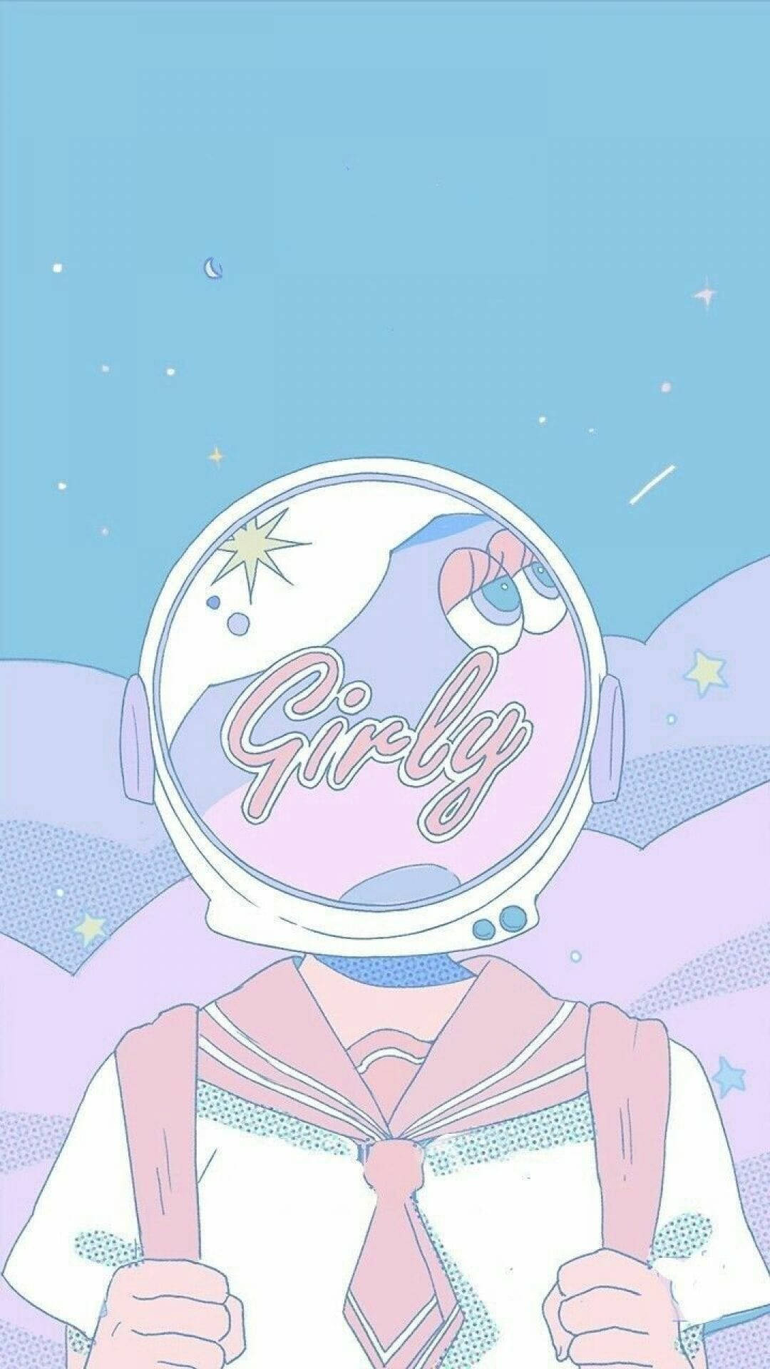 動漫女孩穿著水手服，戴著標有 girly 的太空人頭盔，背景是星空。