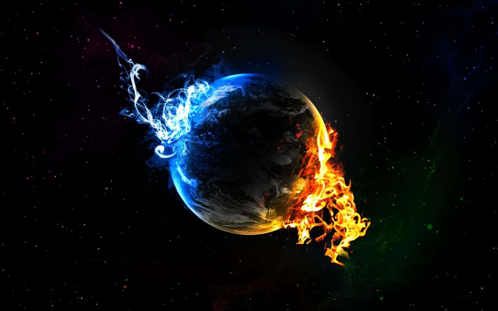 太空主題數位藝術最佳電腦桌面 壁紙 — 一顆行星被分成兩半，一半被熊熊火焰吞噬，另一半則在繁星點點的宇宙背景下旋轉著冰冷的藍色能量。