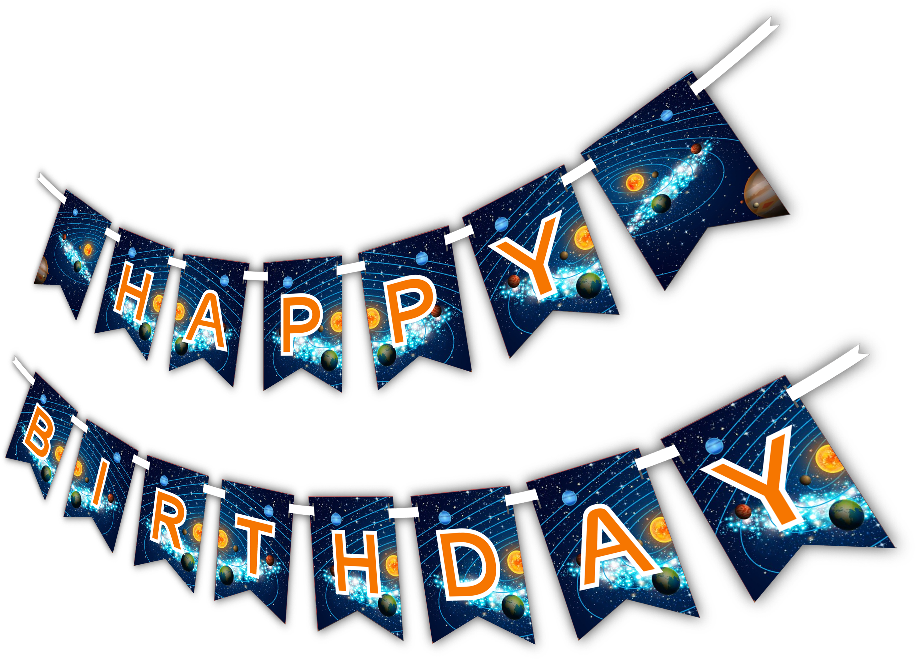 太空主題生日橫幅 壁紙 — 一個以宇宙為主題的生日橫幅，橙色字母拼出 'HAPPY BIRTHDAY'，背景是星空、行星和星雲。