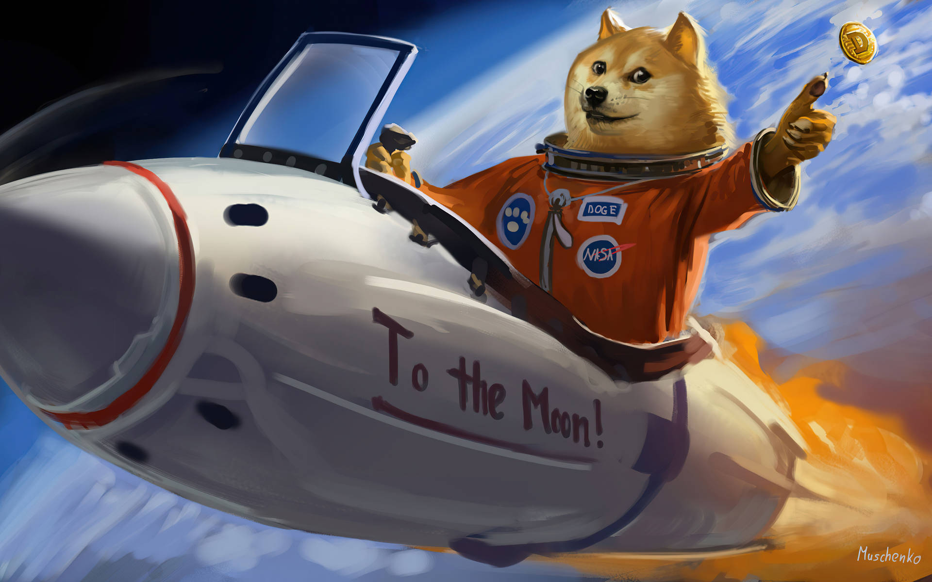 柴犬太空人駕駛火箭，帶有「To the Moon」標語和硬幣