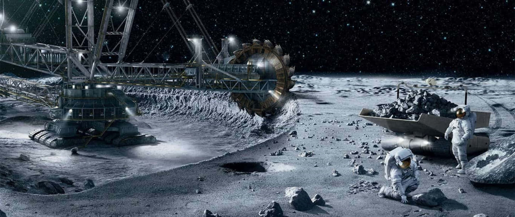 Space Mining 桌布 壁紙 — 太空人在人造燈光下，在佈滿星星的月球表面，與大型採礦機械一起開採資源。