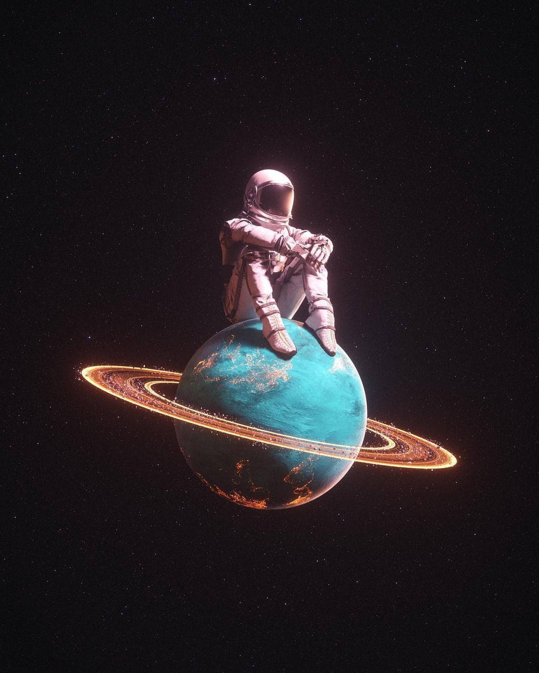 一名孤獨的太空人坐在深空中的藍色環狀行星上。