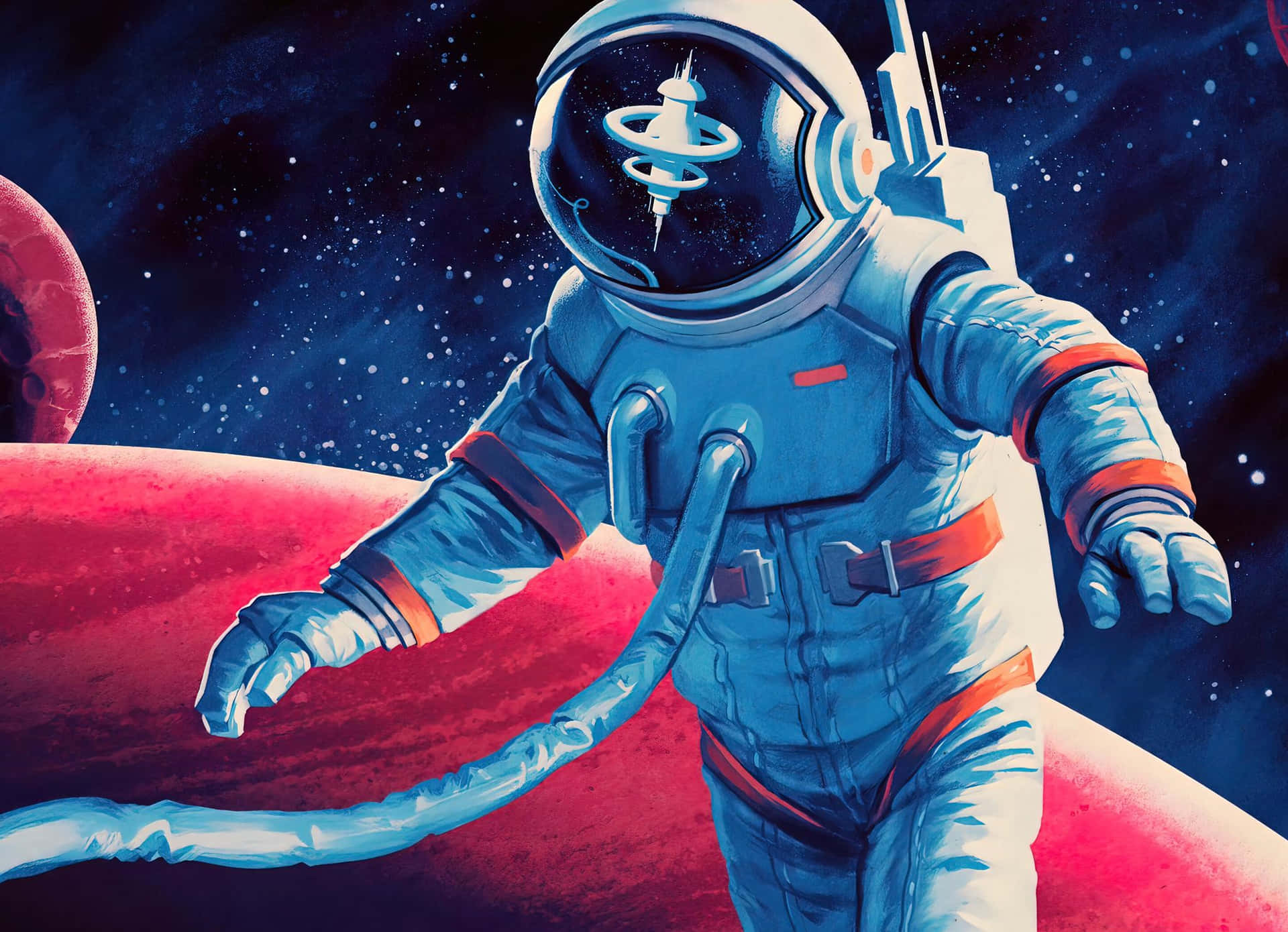 太空人在繁星點點的太空場景中漂浮在紅色行星上方。
