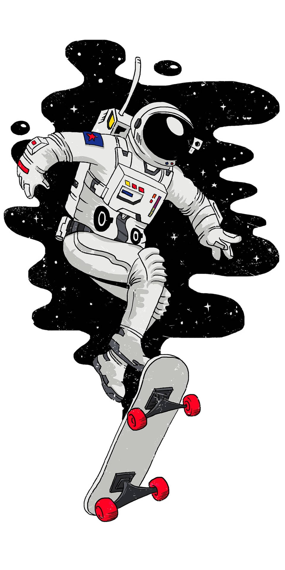 太空人踩滑板在太空中漂浮，背景有星星
