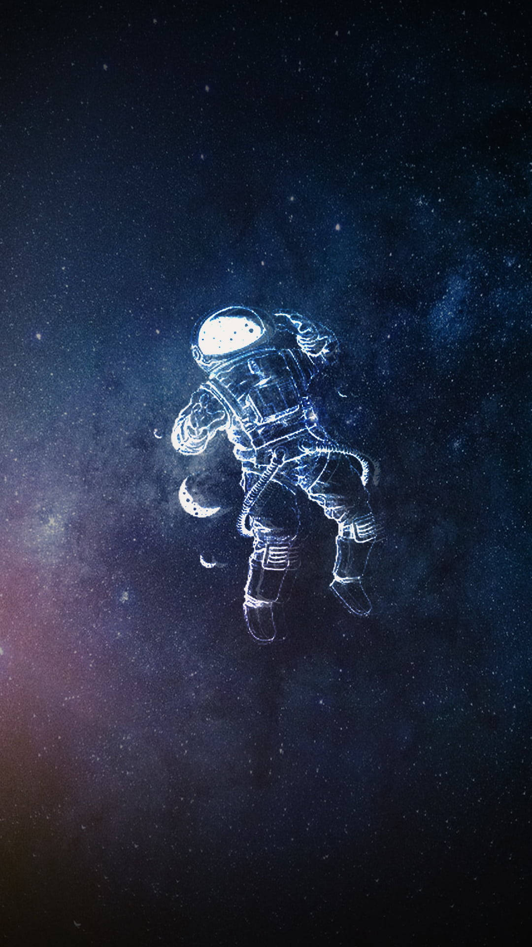 一個發光的太空人在太空中漂浮，周圍有星星和星雲。