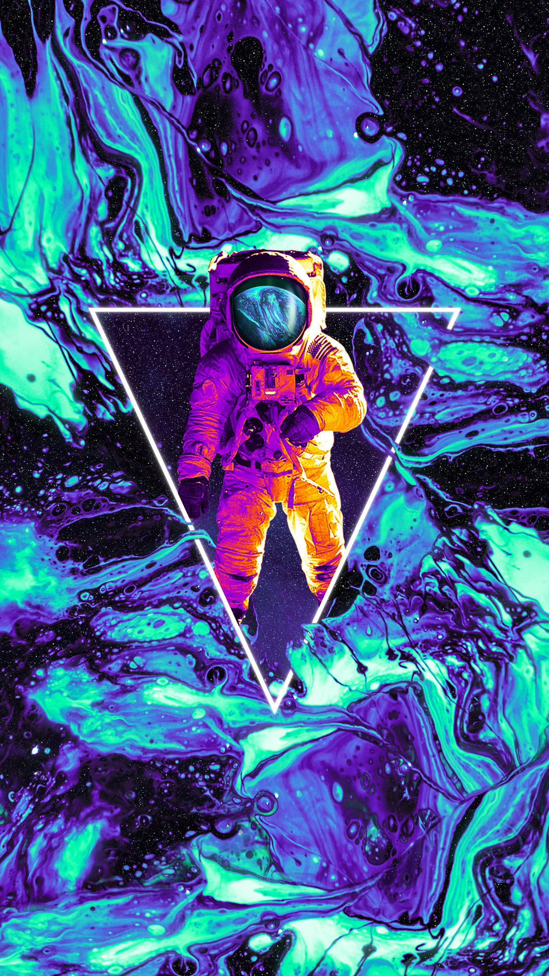 三角形內的霓虹太空人，被旋轉的宇宙液體包圍。
