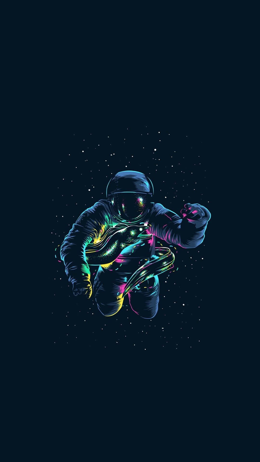 太空人迷幻波普藝術手機壁紙 壁紙 — 一位被霓虹燈照亮的太空人在星空深藍背景下漂浮，留下發光的軌跡。