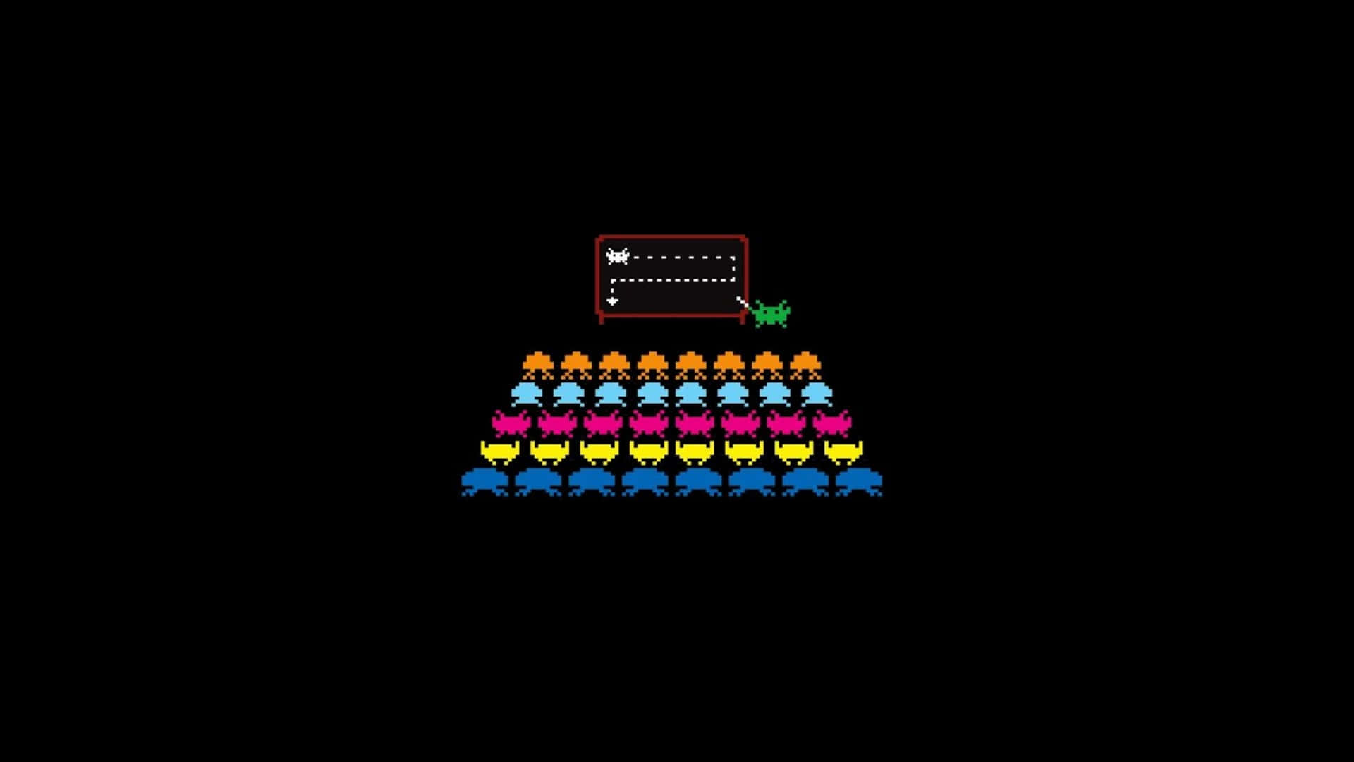 像素化 Pac-Man 鬼魂在彩色鬼魂金字塔上方的迷宮中穿梭。