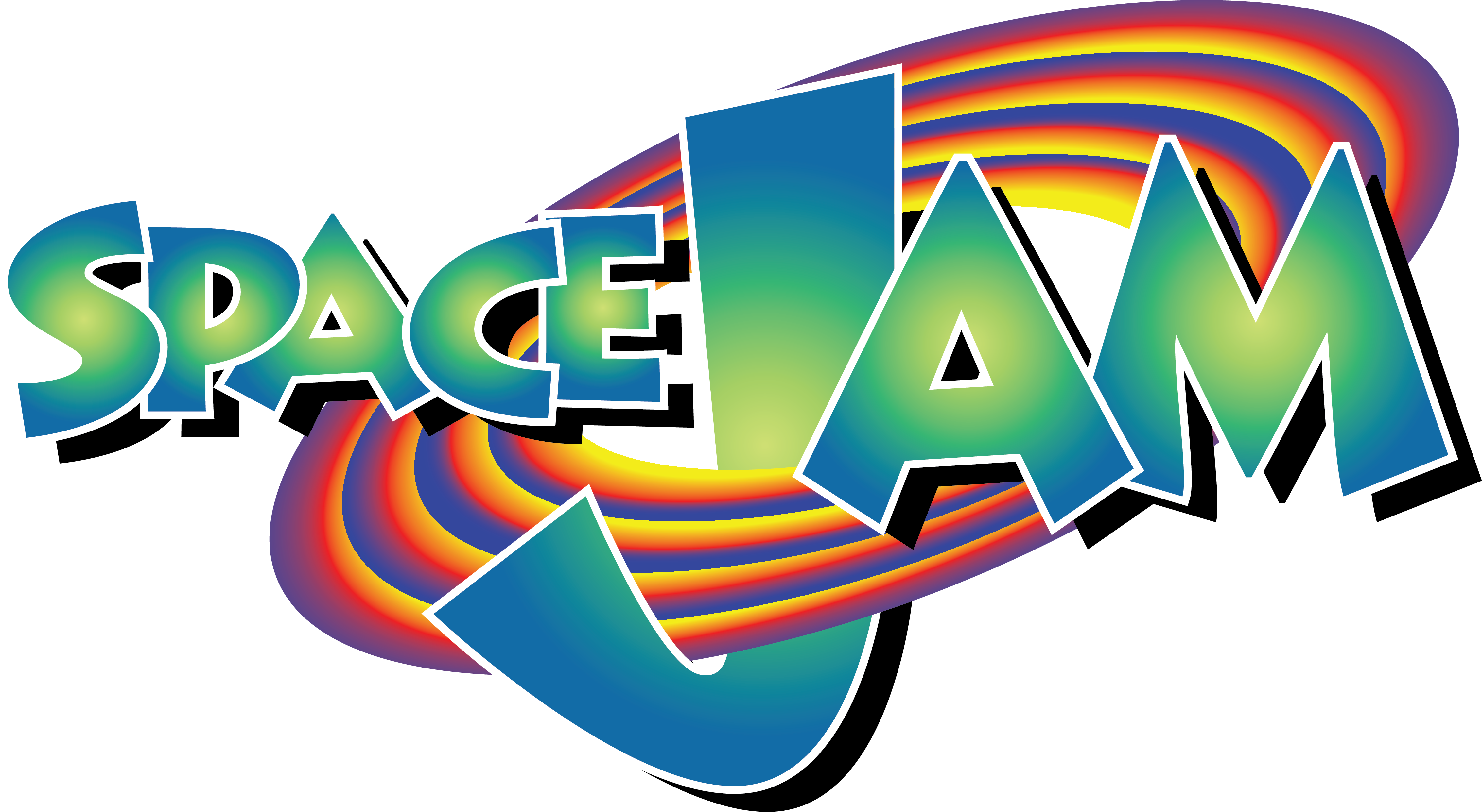 太空傑姆標誌 壁紙 — 為 Space Jam 設計的充滿活力的復古標誌，帶有彩虹漩渦和粗體 3D 字體，白色背景。