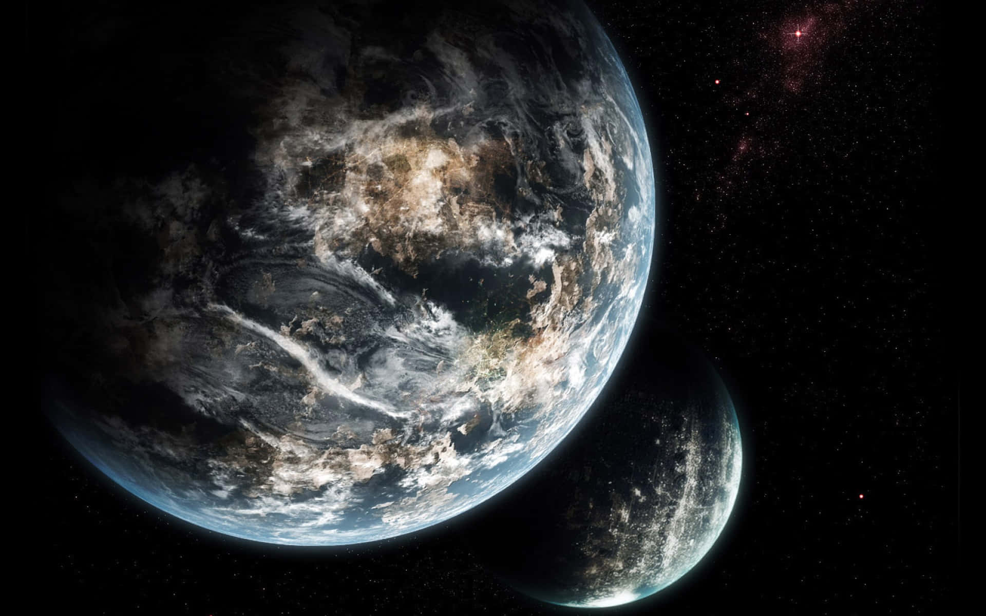 地球同一個較細嘅行星喺廣闊夜空被城市燈光照亮。