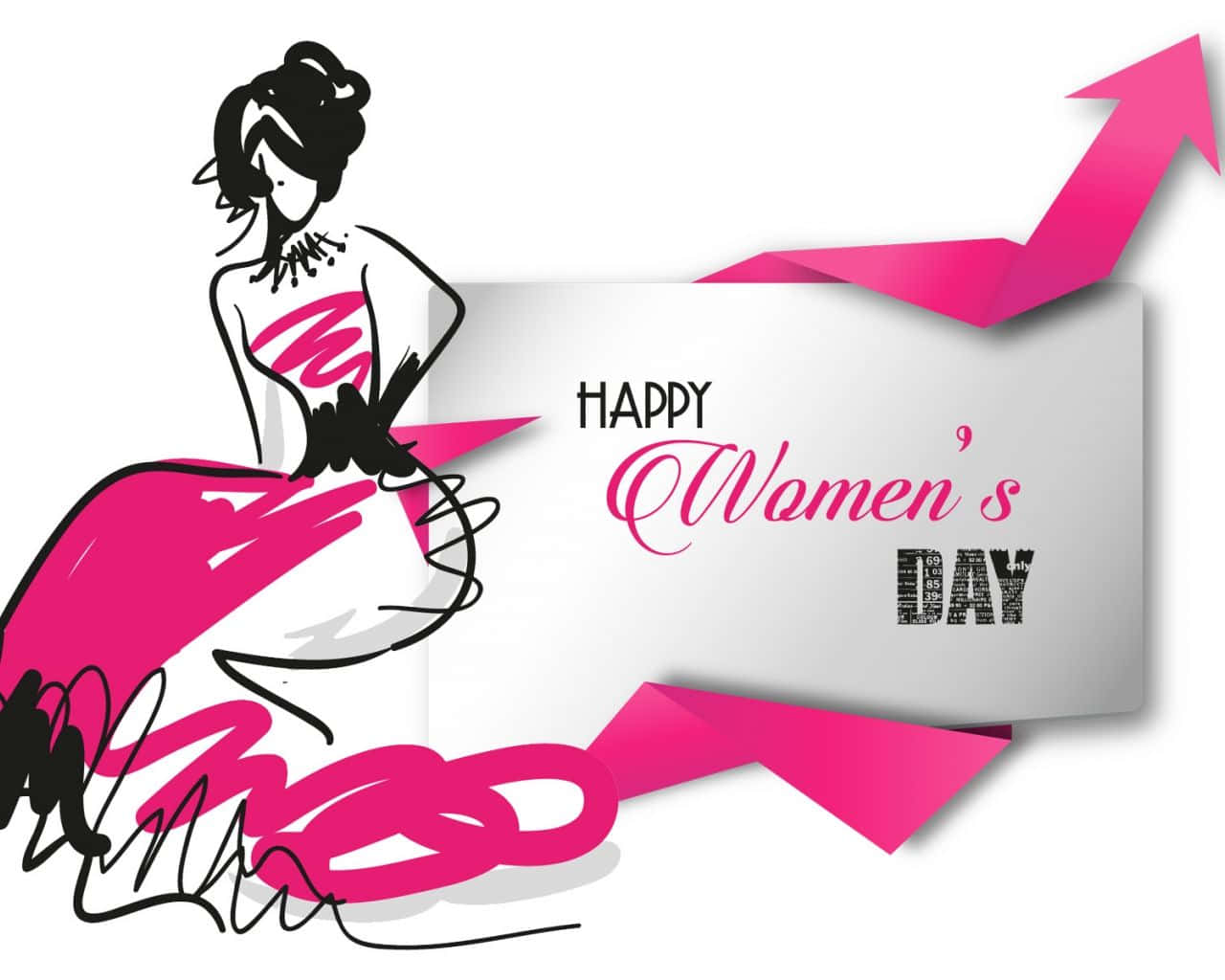 Happy Women's Day 插圖，包含一位粉紅色女性及向上箭頭。