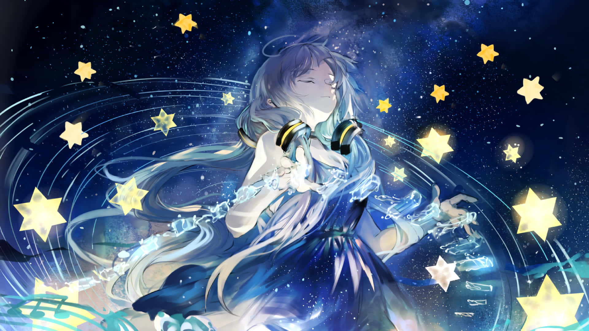 太空動漫星塵Vocaloid 壁紙 — 一位寧靜的動漫女孩，飄逸的銀色頭髮，在閃爍的星星和宇宙漩渦中漂浮，戴著耳機和藍色連衣裙。