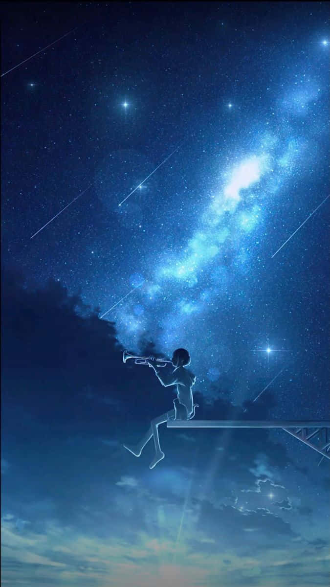 太空動漫星夜 壁紙 — 一個孤獨的身影在橋上吹奏小號，背景是充滿活力的藍色星空夜空，有發光的銀河和流星。