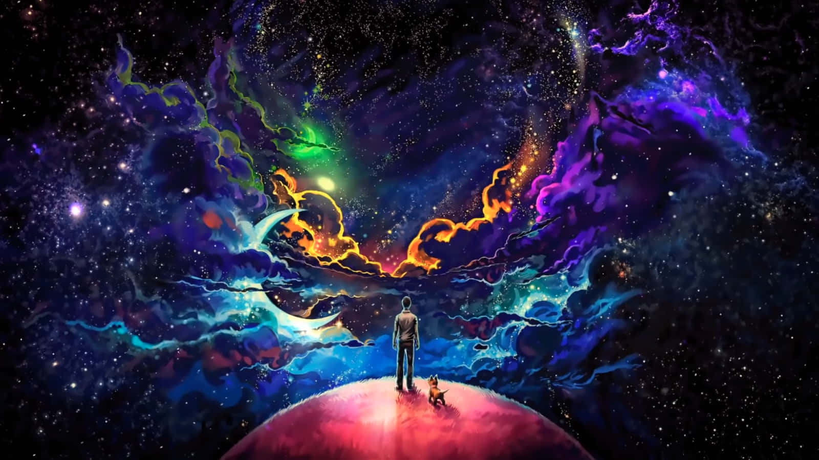 太空動漫高質感照片 壁紙 — 一個孤獨的身影和一隻狗站在發光的行星頂端，凝視著由紫色、橙色和藍色星星組成的旋轉宇宙星雲。