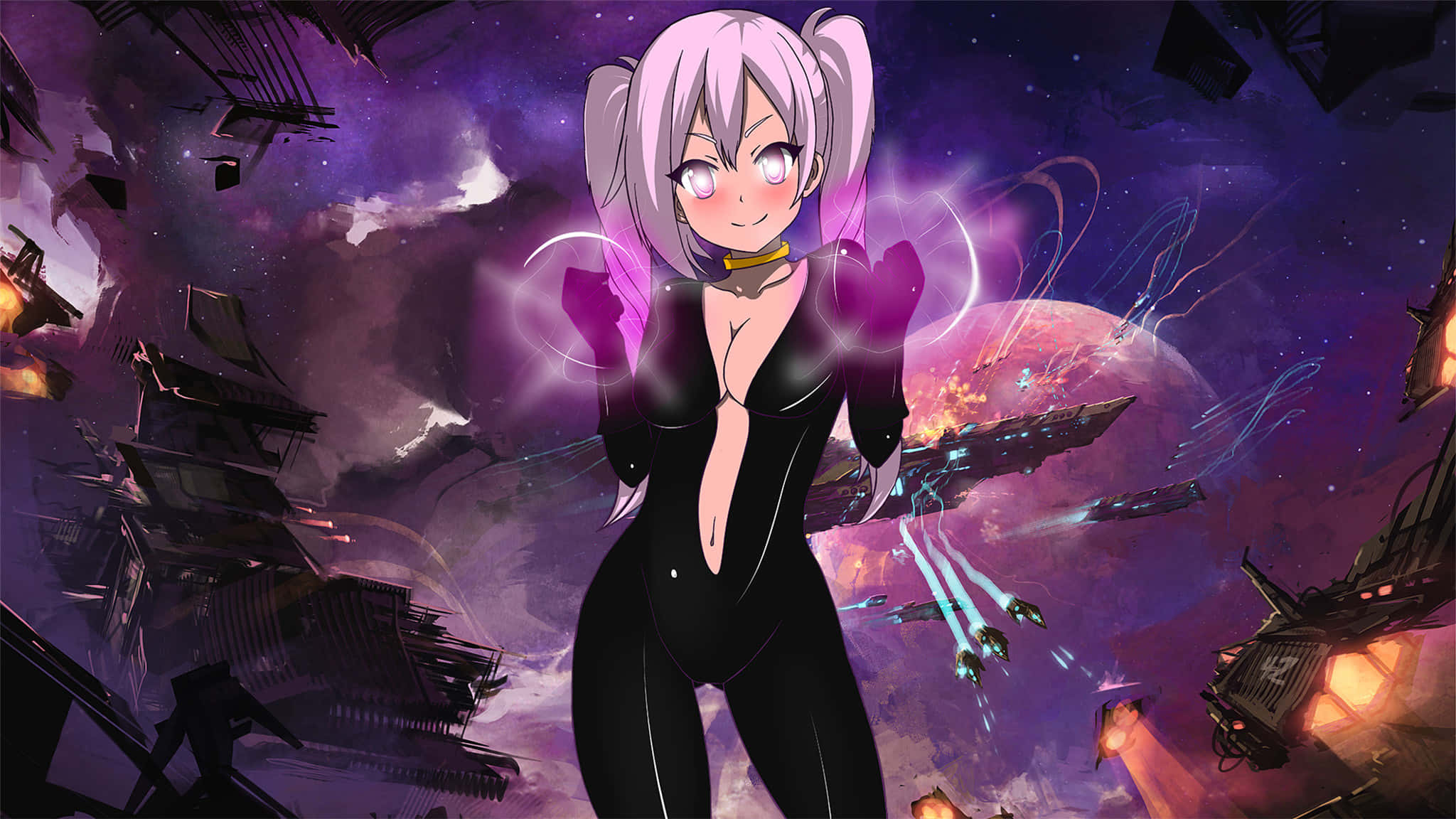 太空動漫黑衣戰士 壁紙 — 一個開心的動漫女孩，粉紅色頭髮，自信地站在宇宙戰場上，周圍有漂浮的碎片和發光的飛船。
