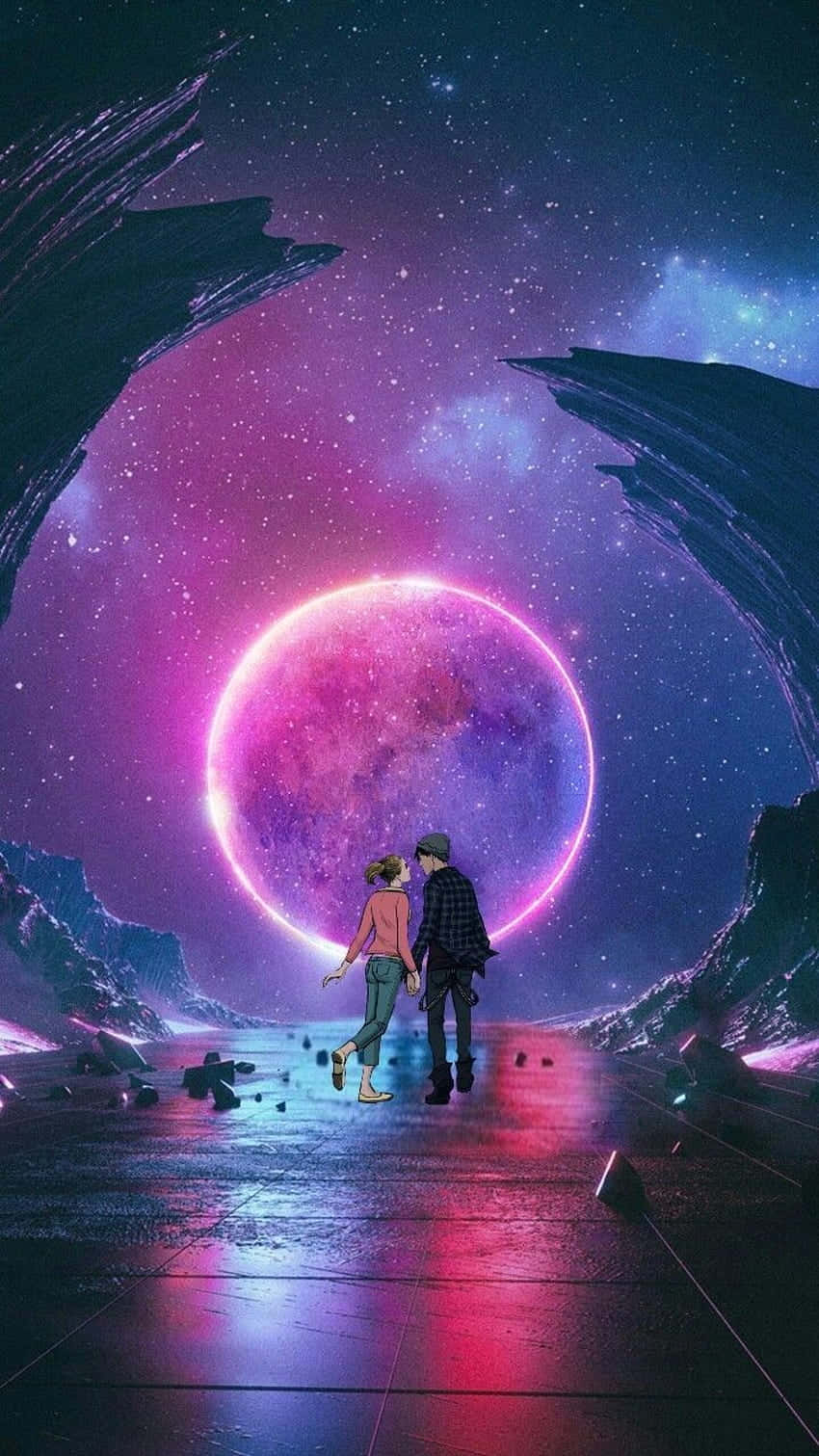 太空動畫 Imagine Dragons《Next To Me》 壁紙 — 一對情侶手牽手走向一個發光的粉紅色星球，該星球被宇宙岩石拱門框住，背景是星空。
