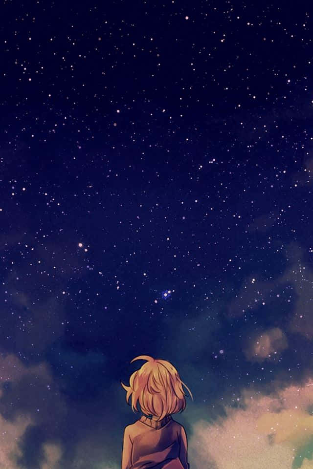 太空動畫《境界之彼方》手機封面 壁紙 — 一個孤獨的金髮動漫角色仰望廣闊的星空，滿天閃爍的星星和柔軟的雲朵。