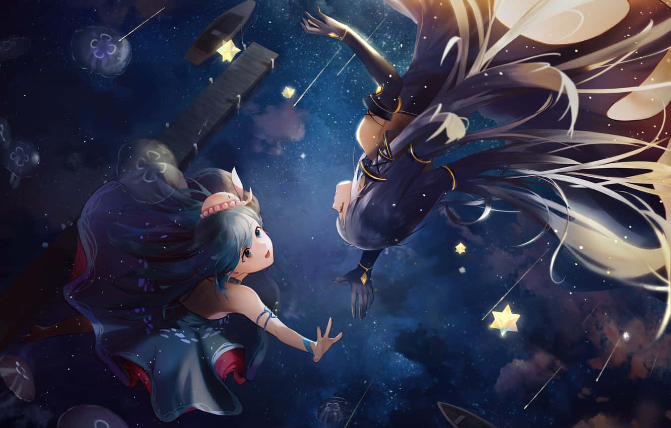 太空動畫Haiyi與Stardust 壁紙 — 兩個動漫女孩漂浮在星空宇宙虛空中，在流星和漂浮碎片中互相伸手。