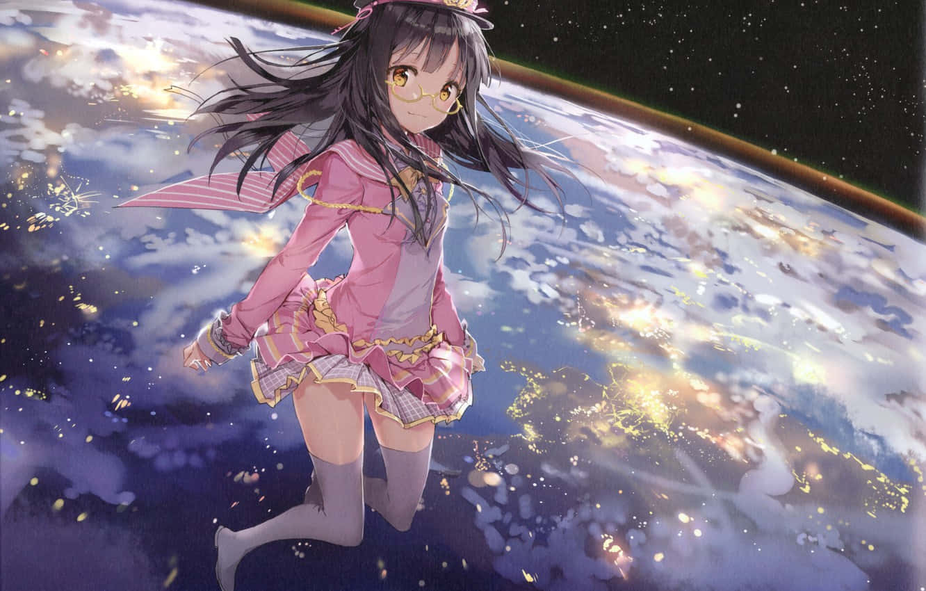 太空動畫Meganekko 壁紙 — 一個穿著粉紅色服裝的開朗動畫女孩漂浮在地球發光的夜間表面上，黑暗的天空中有星星。