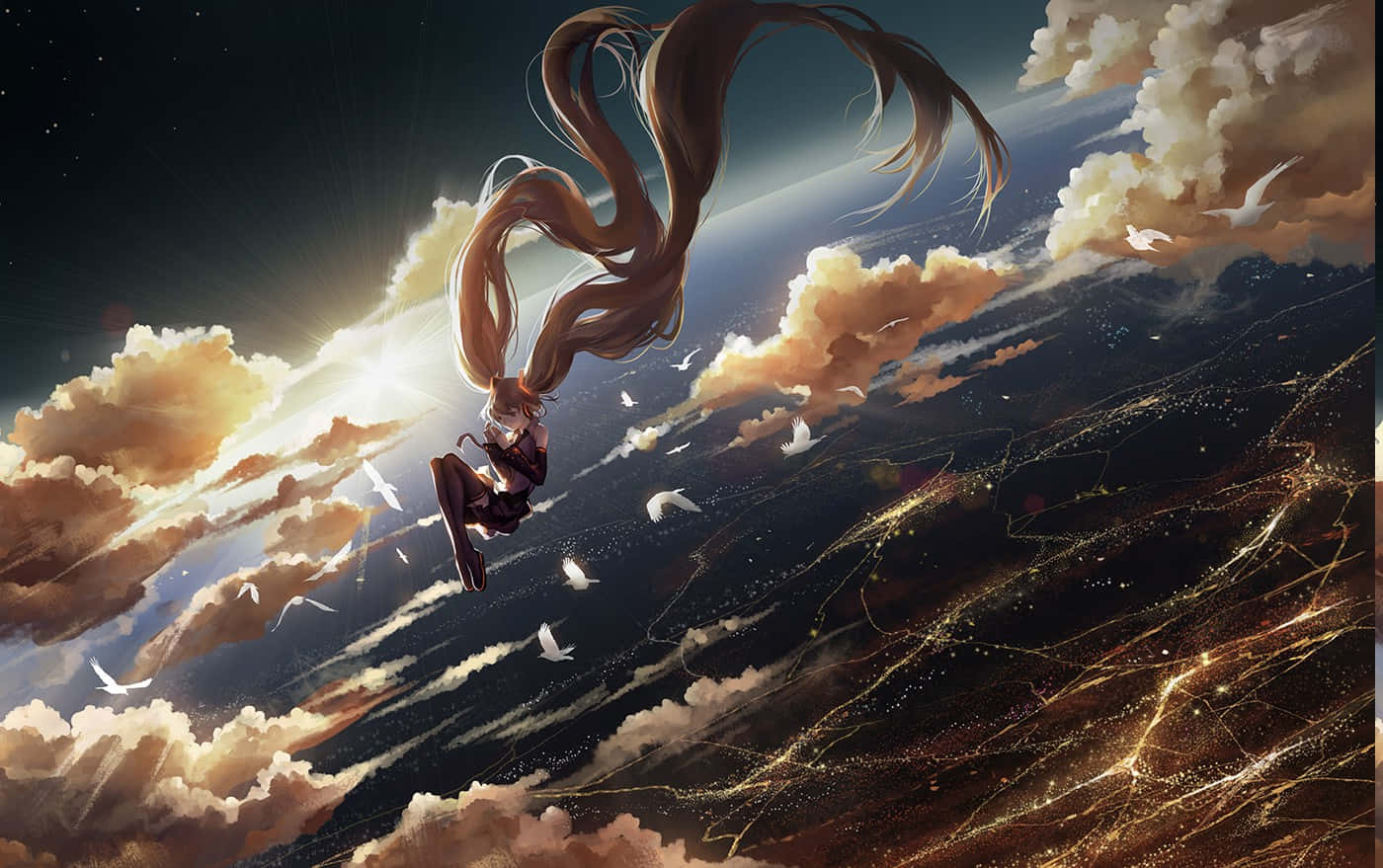太空動畫初音未來 壁紙 — 一個長髮飄逸的女孩在雲層和星光中翱翔，鳥兒在她周圍飛翔，構成一片夢幻的天空。