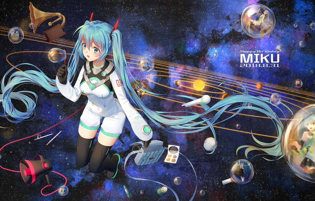 太空動畫初音未來封面 壁紙 — 動漫角色 Miku 漂浮在一個宇宙場景中，周圍環繞著漂浮的音樂設備和帶有漂浮人物的氣泡。