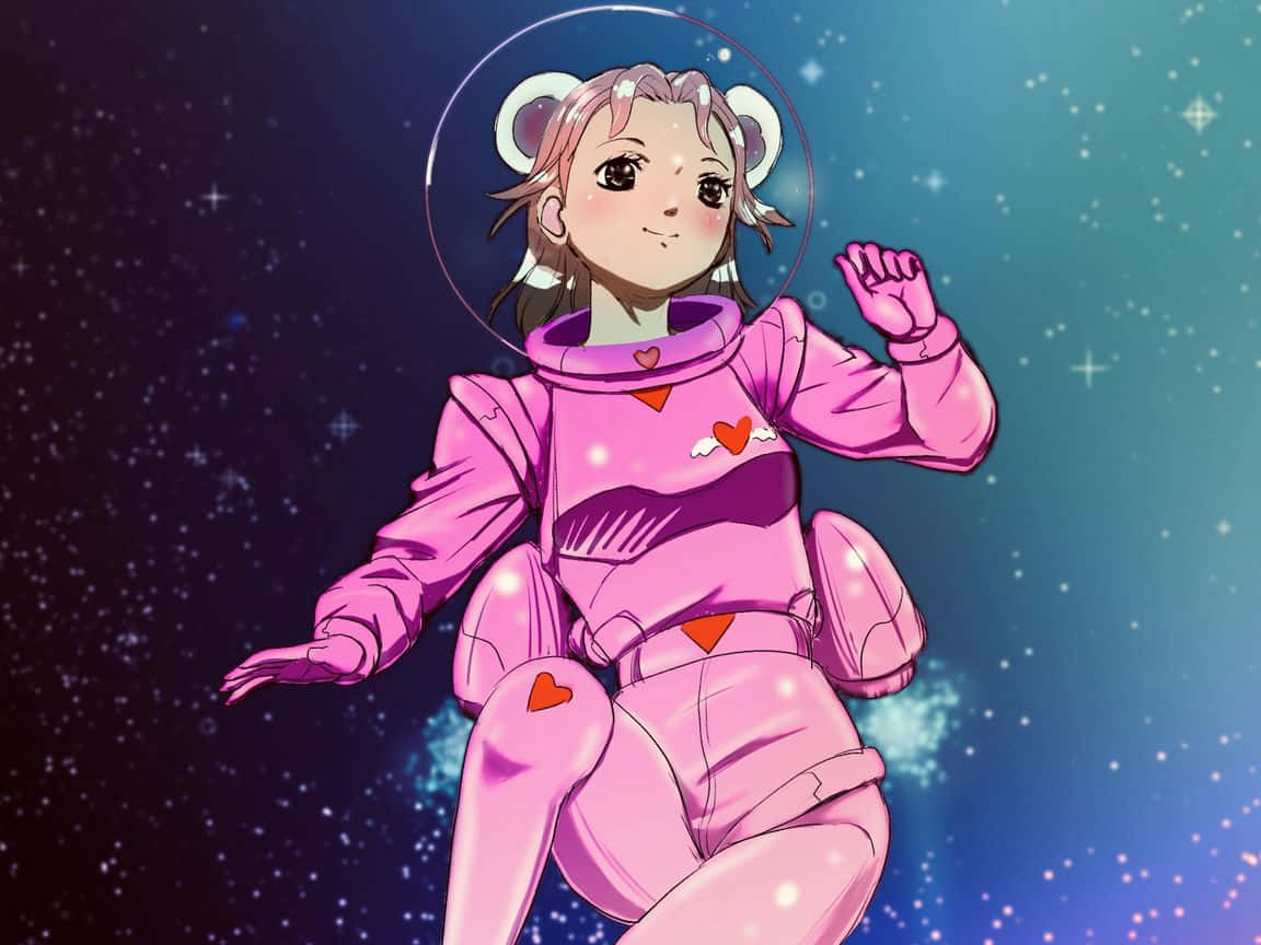 太空動畫太空服少女 壁紙 — 一個穿著粉紅色太空衣的開朗動畫女孩，在外太空閃爍的星星中快樂地漂浮。