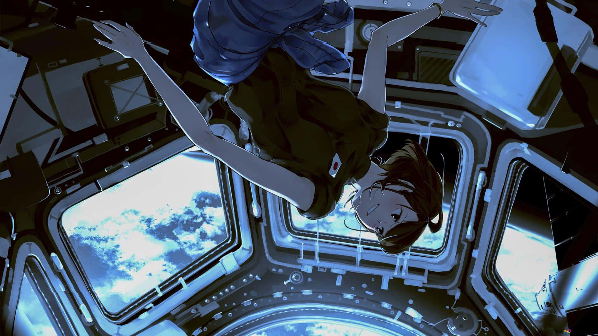 太空動畫少女飛行器 壁紙 — 一個動漫女孩在太空站艙內無重漂浮，透過舷窗凝視地球的藍色雲層。