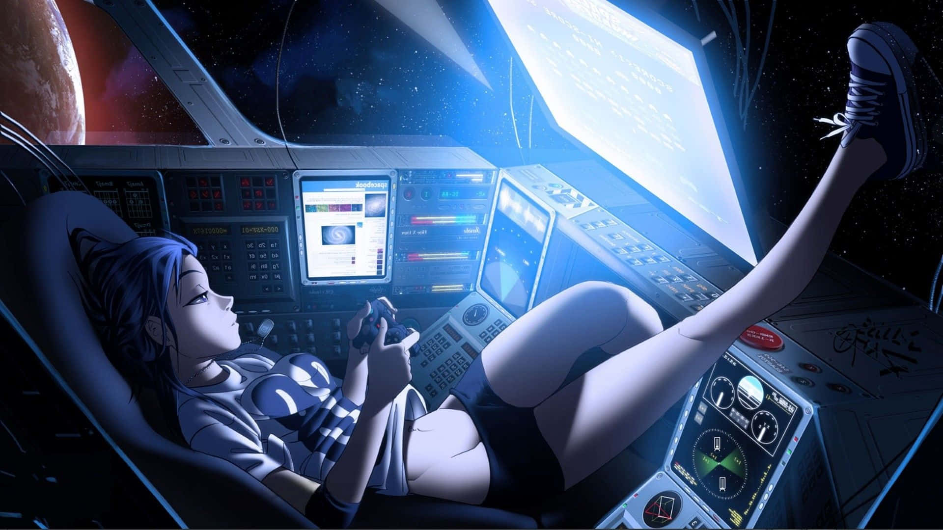 太空動畫遊戲少女 壁紙 — 一個藍髮動漫女孩在太空船駕駛艙裡放鬆，在發光的屏幕下玩遊戲，外面可以看到一顆行星。