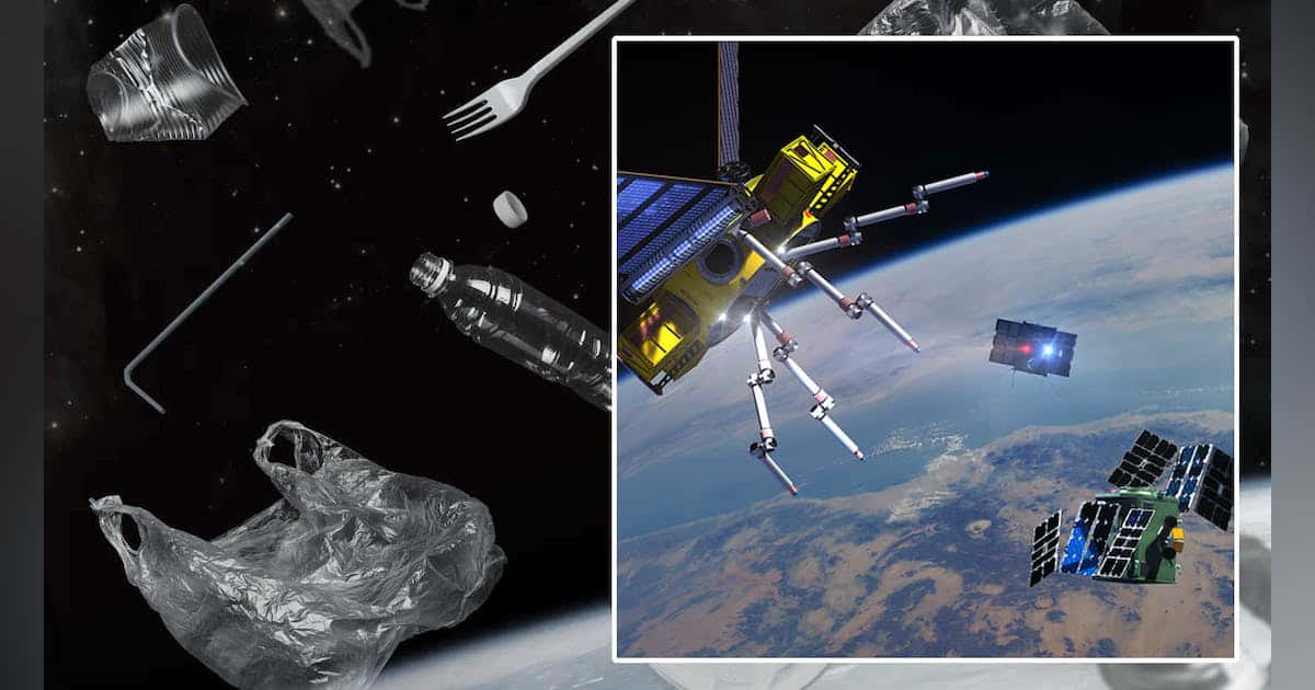 Space Debris 桌布 壁紙 — 太空垃圾包括膠袋、叉和瓶子漂浮在地球附近，而衛星則在行星上方運行。