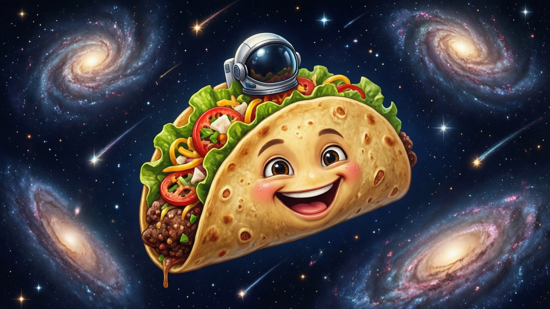 太空塔可星人 壁紙 — 一個戴著太空頭盔的開心卡通玉米餅在旋轉星系和流星之間快樂地漂浮。