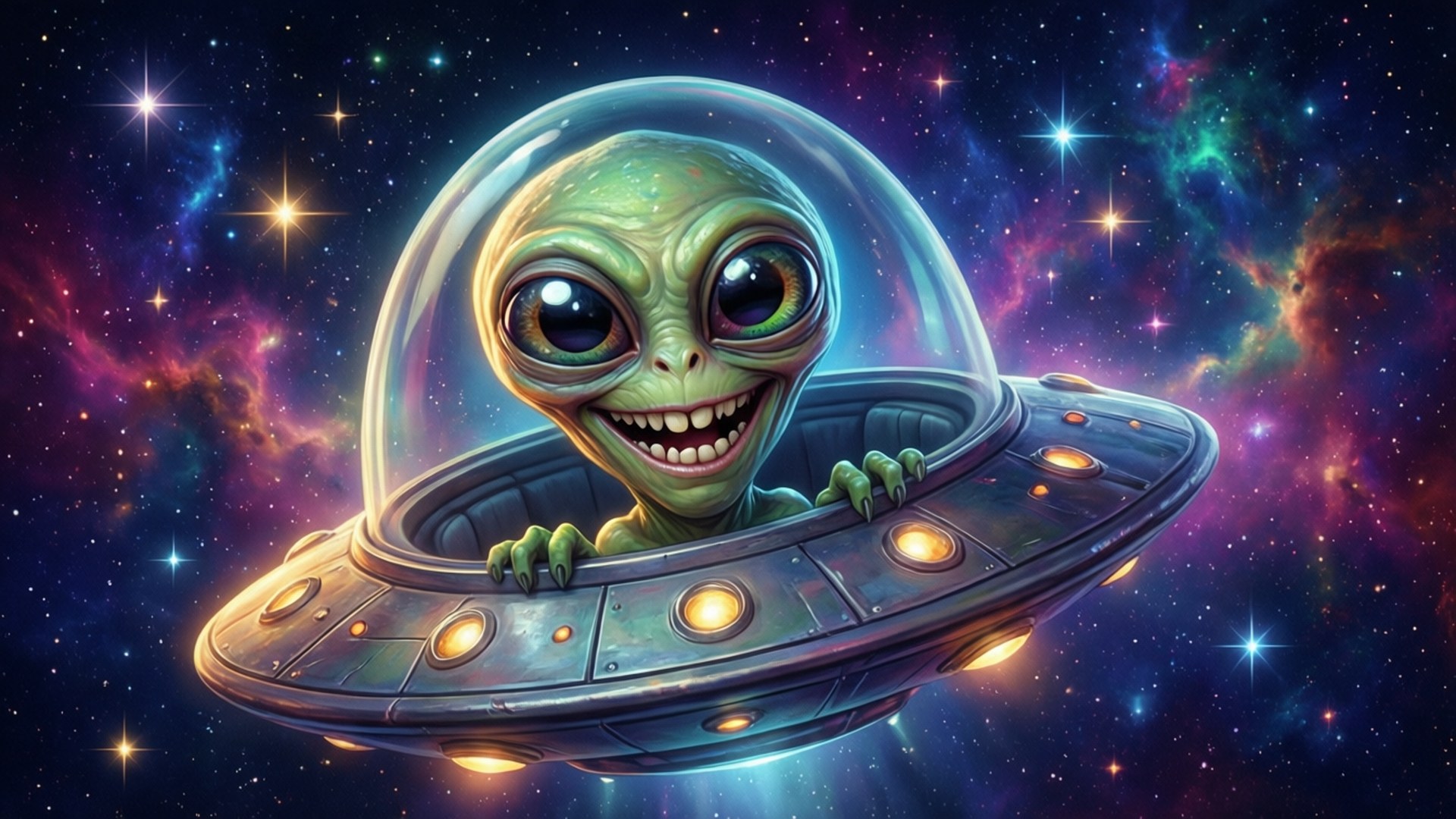 太空外星人偷看 壁紙 — 一隻開心嘅綠色外星人，對眼好大，喺飛碟入面探頭出嚟，背景係充滿星星嘅鮮豔宇宙星雲。