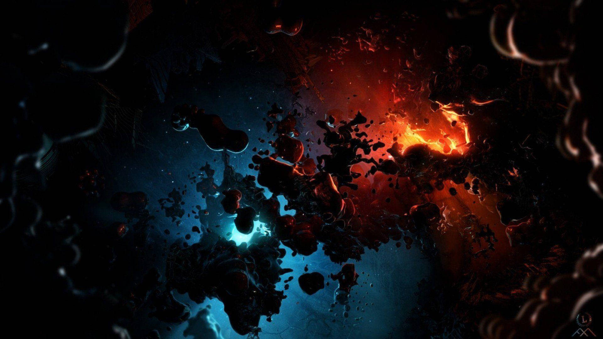 太空奇幻圖形 壁紙 — 宇宙爆炸，火紅與電藍色星雲在黑暗虛空中綻放，漂浮著碎片。