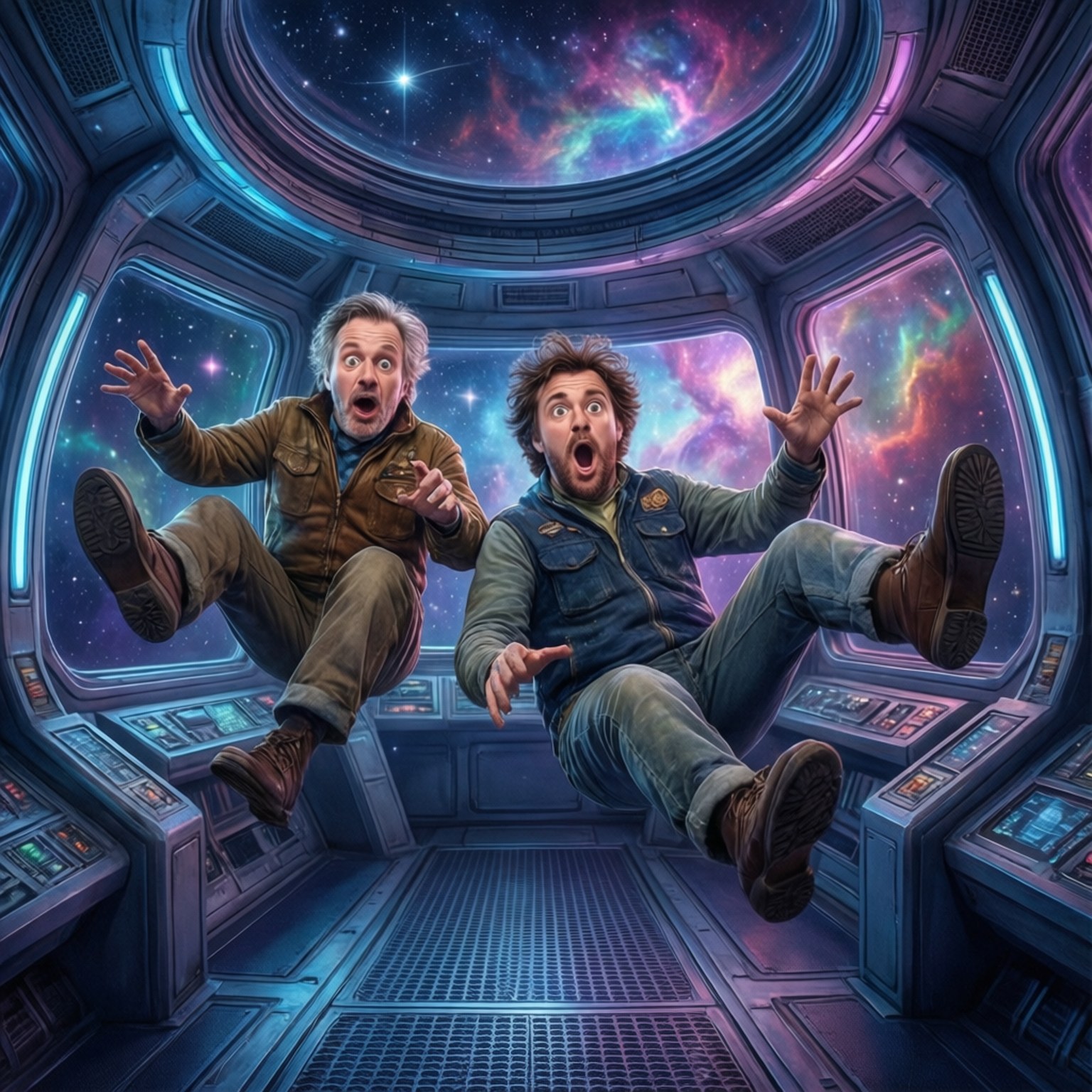 兩名男子在太空船中漂浮，對窗外色彩繽紛的星雲感到驚奇。