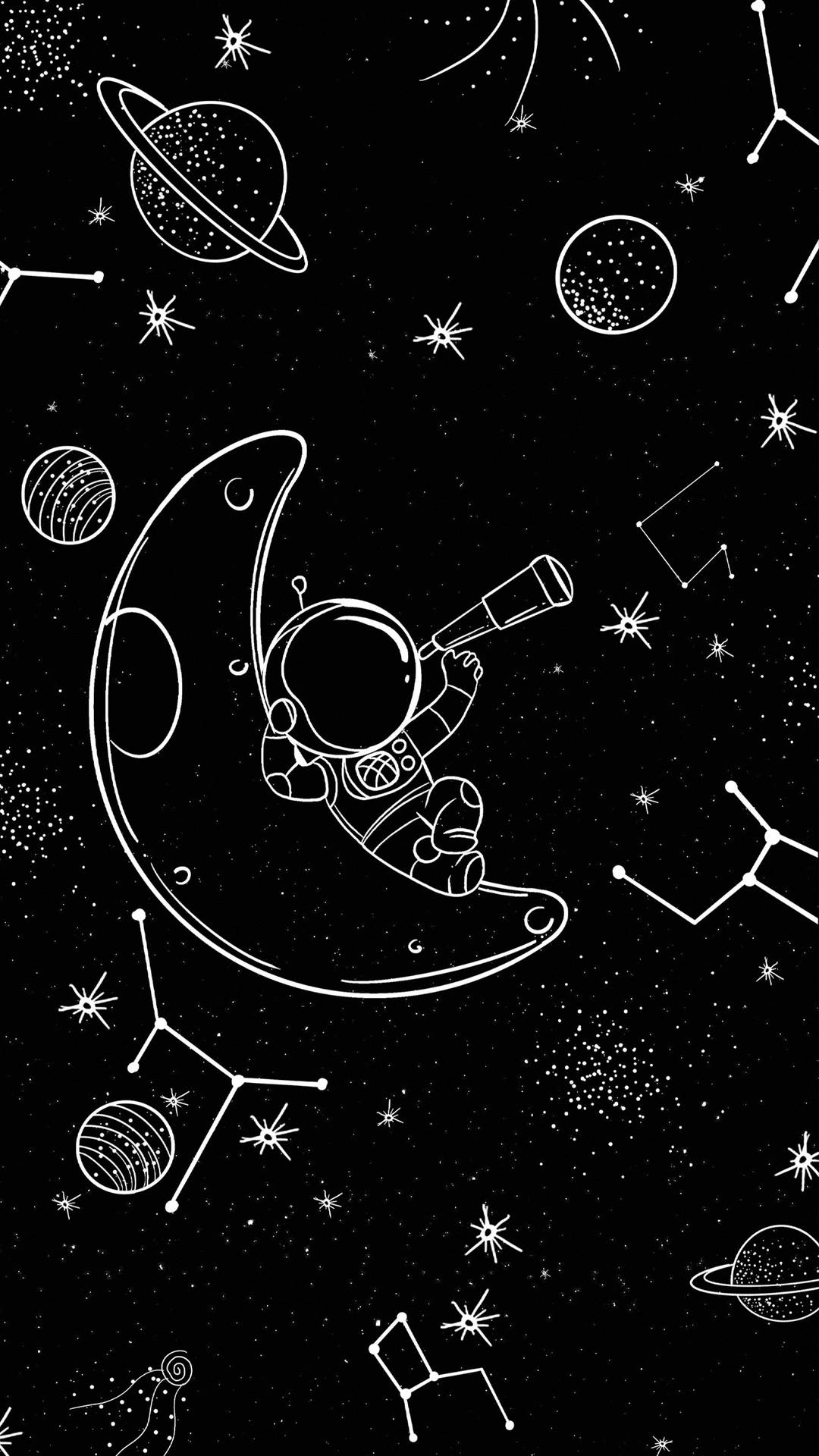 太空人在月球上以極簡線條藝術風格觀察星星和行星。