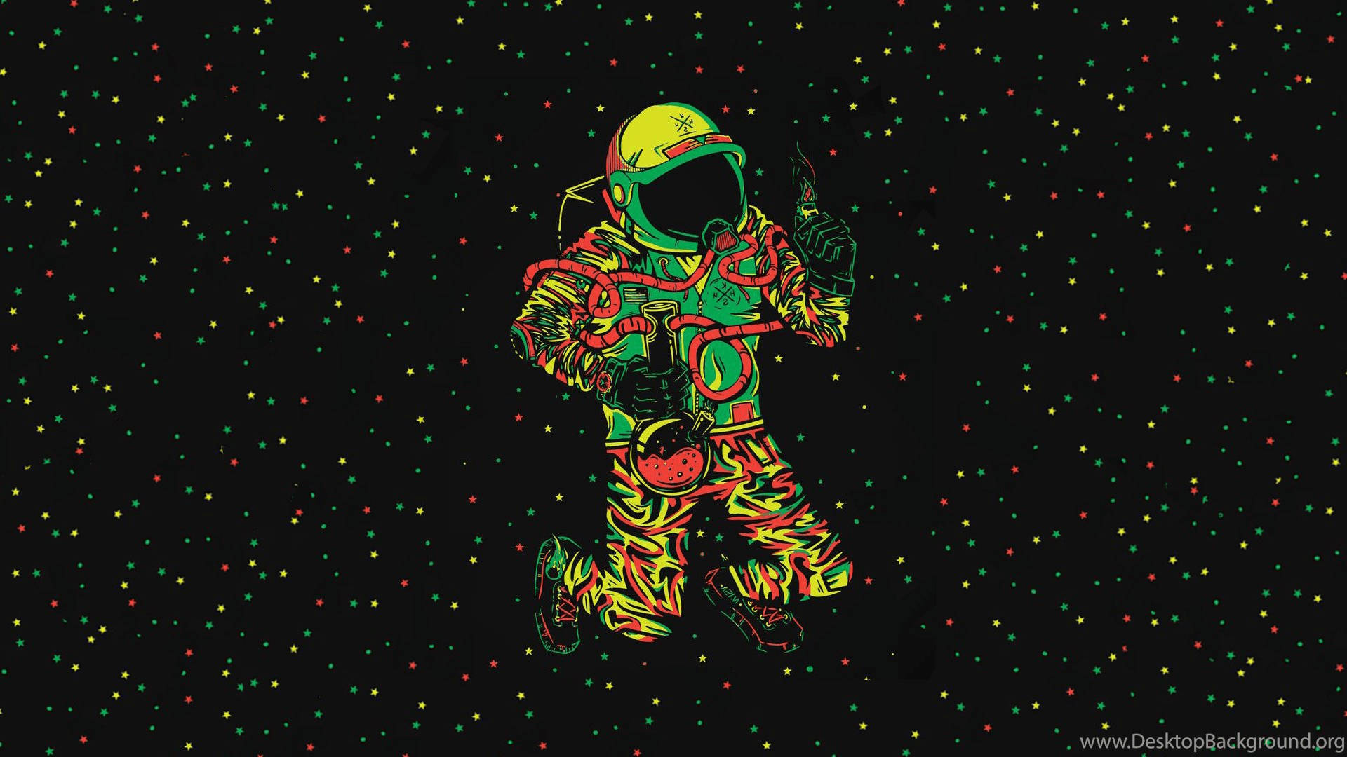 一個穿著迷幻套裝的太空人在星空背景下跳舞。