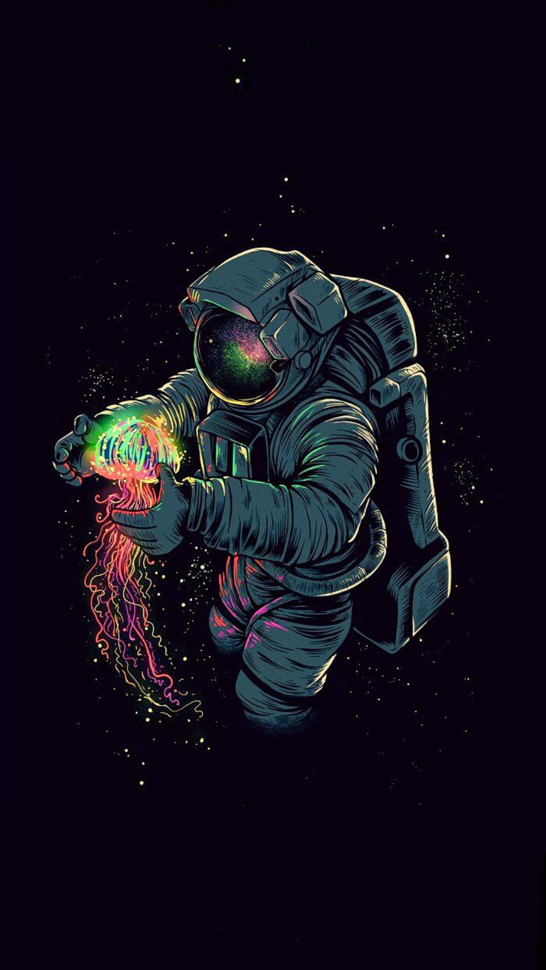 太空宇航員美學繪畫 壁紙 — 一名太空人在太空中，在佈滿星星的黑色虛空中拿著發光的霓虹水母。