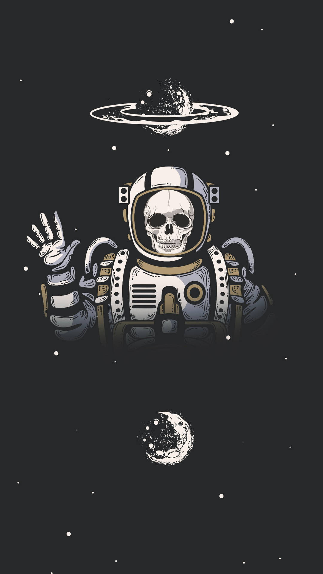 骷髏頭太空人在太空中揮手，有環行星和月亮