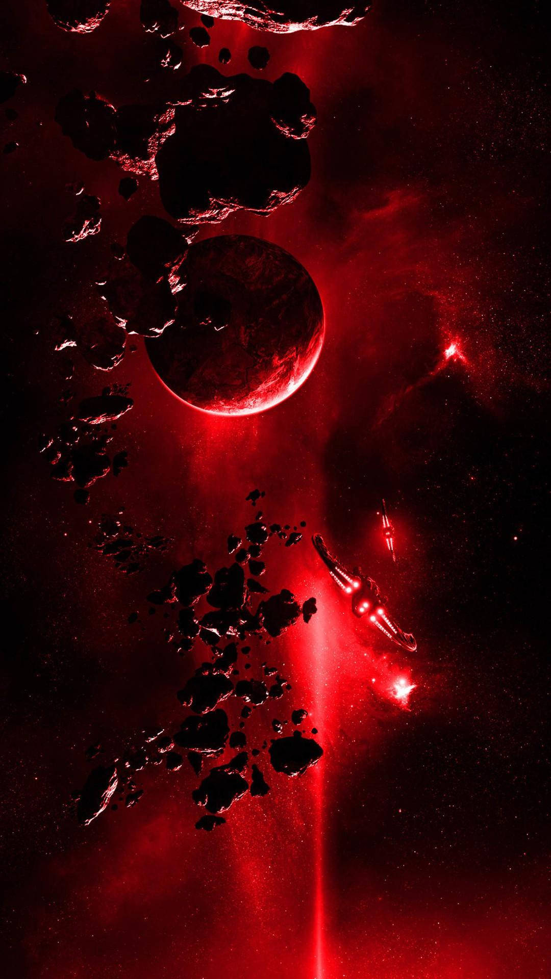 一艘太空船在深空中漂浮的小行星之間穿過紅色星雲航行。