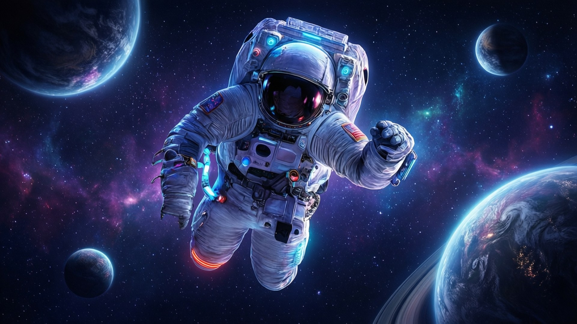 太空人在色彩繽紛的宇宙中漂流，有行星和星雲