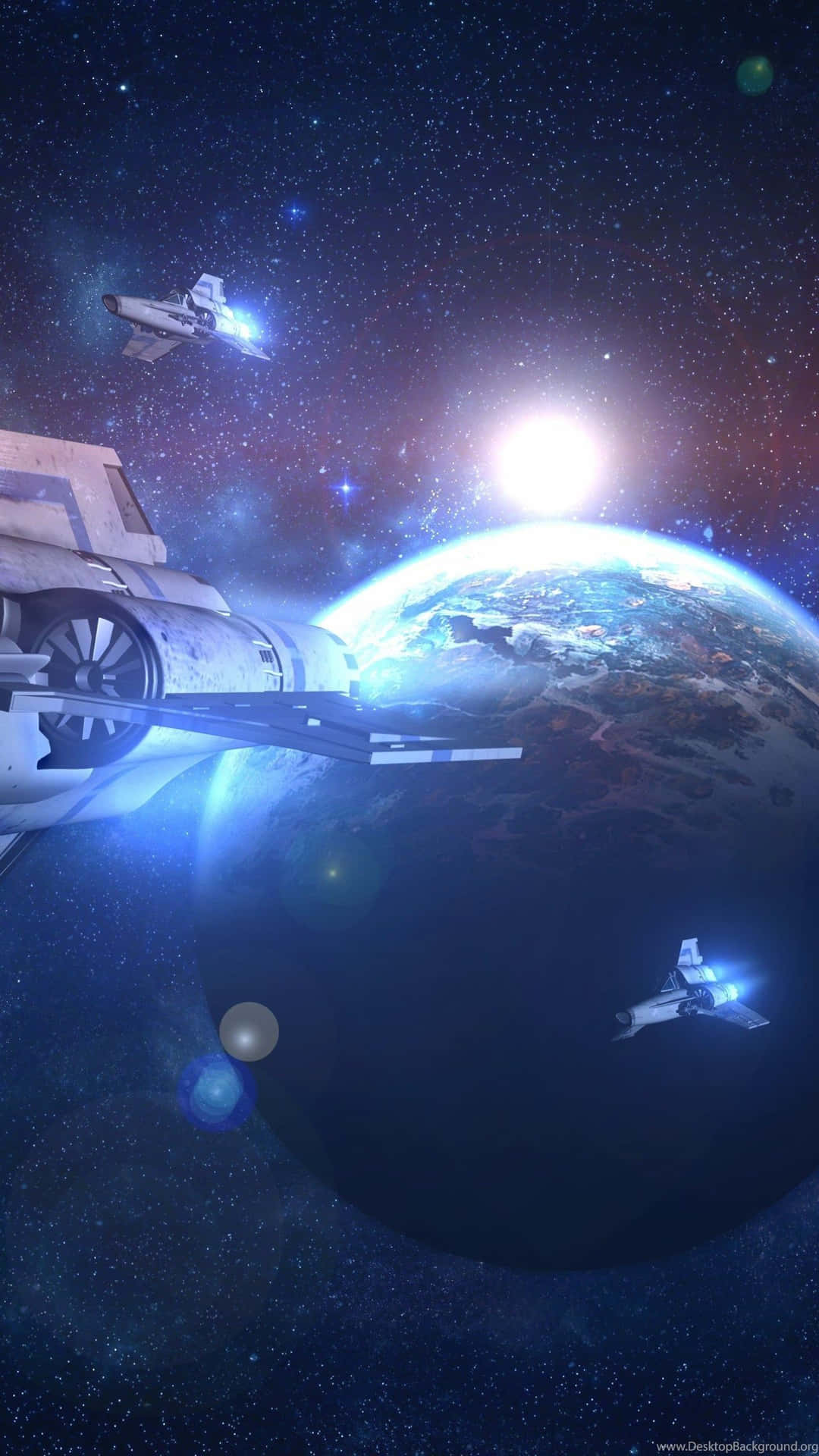 未來太空船在星光熠熠的宇宙場景中靠近一個發光藍色行星飛行。