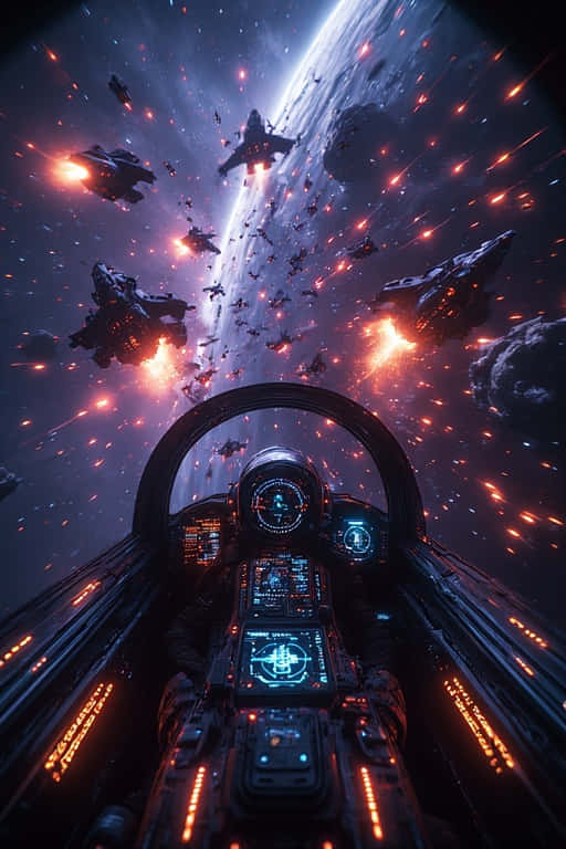 激烈太空戰中的太空船駕駛艙，有敵艦和爆炸。