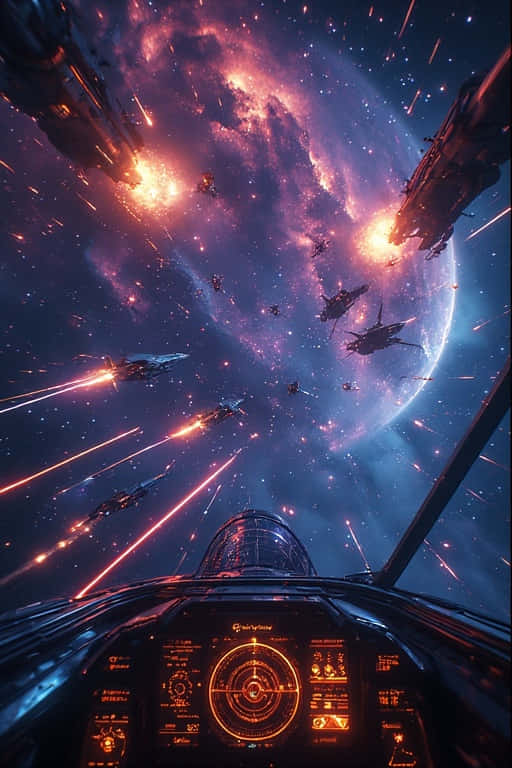 宇宙飛船駕駛艙在太空戰鬥中，有激光和星雲