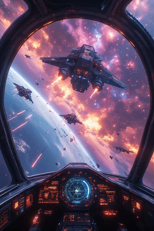 太空船駕駛艙在太空戰役中，背景有星雲和行星