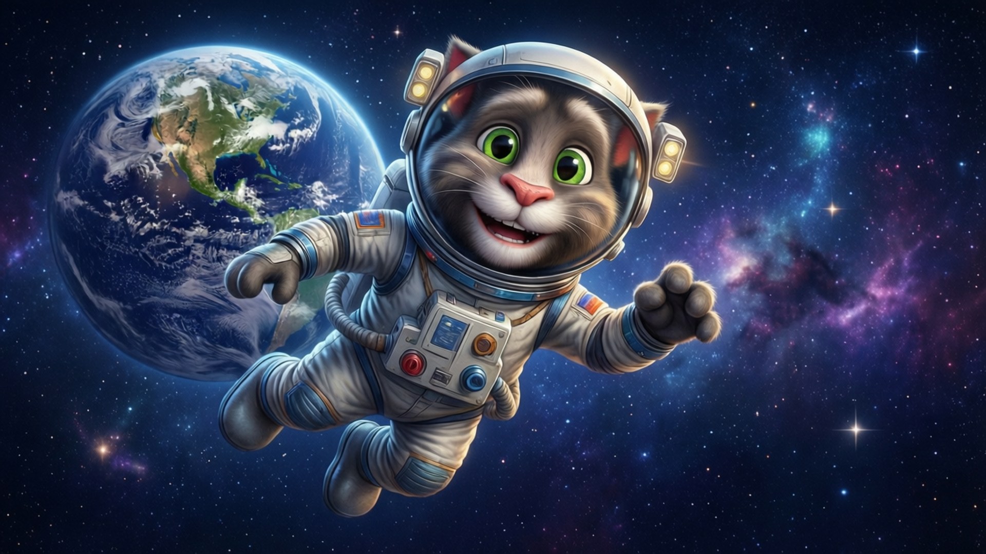 一隻微笑的卡通貓穿著太空衣，在地球和發光星雲附近漂浮。