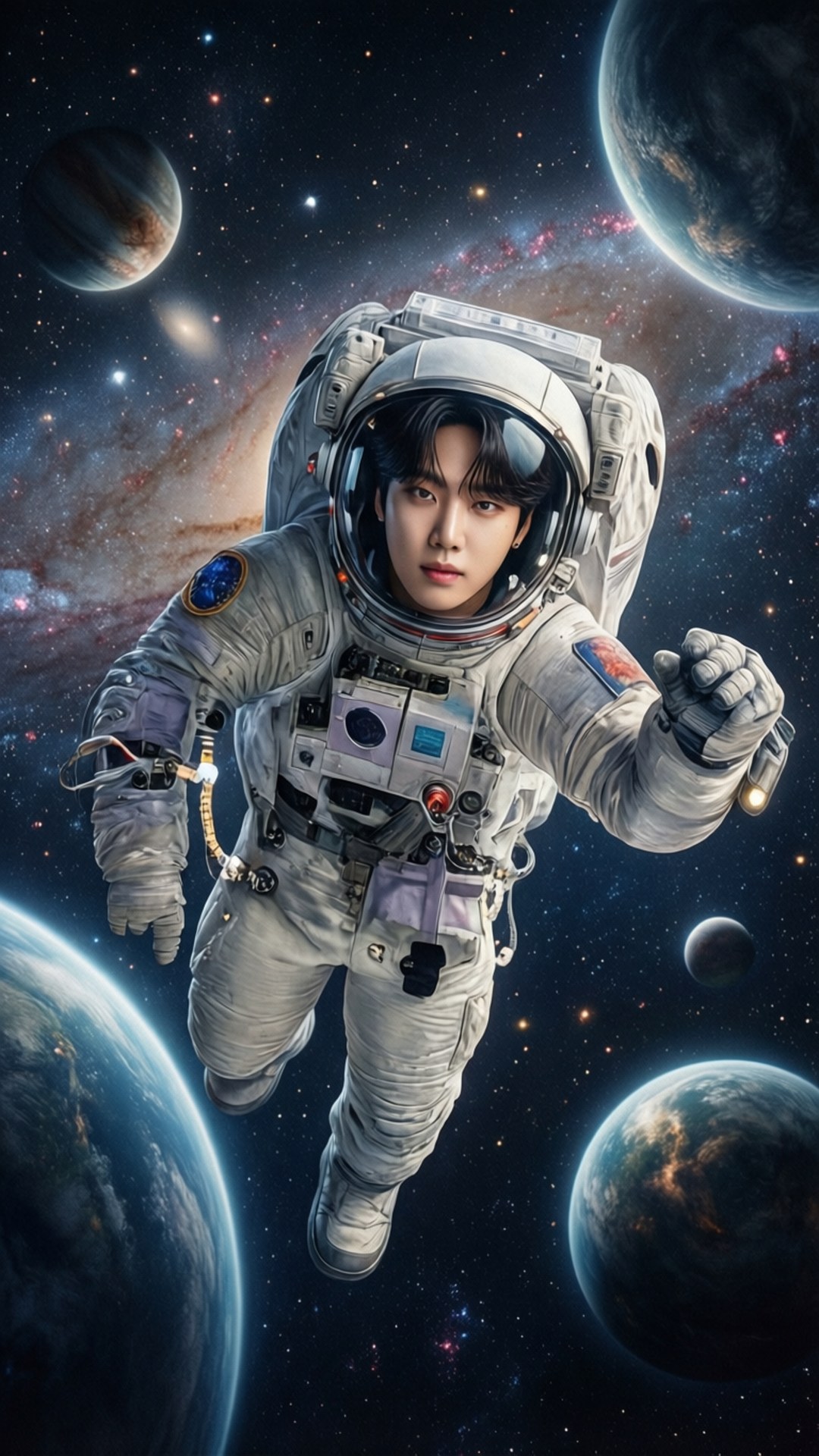 年輕太空人穿著太空衣在行星和星星之間漂浮