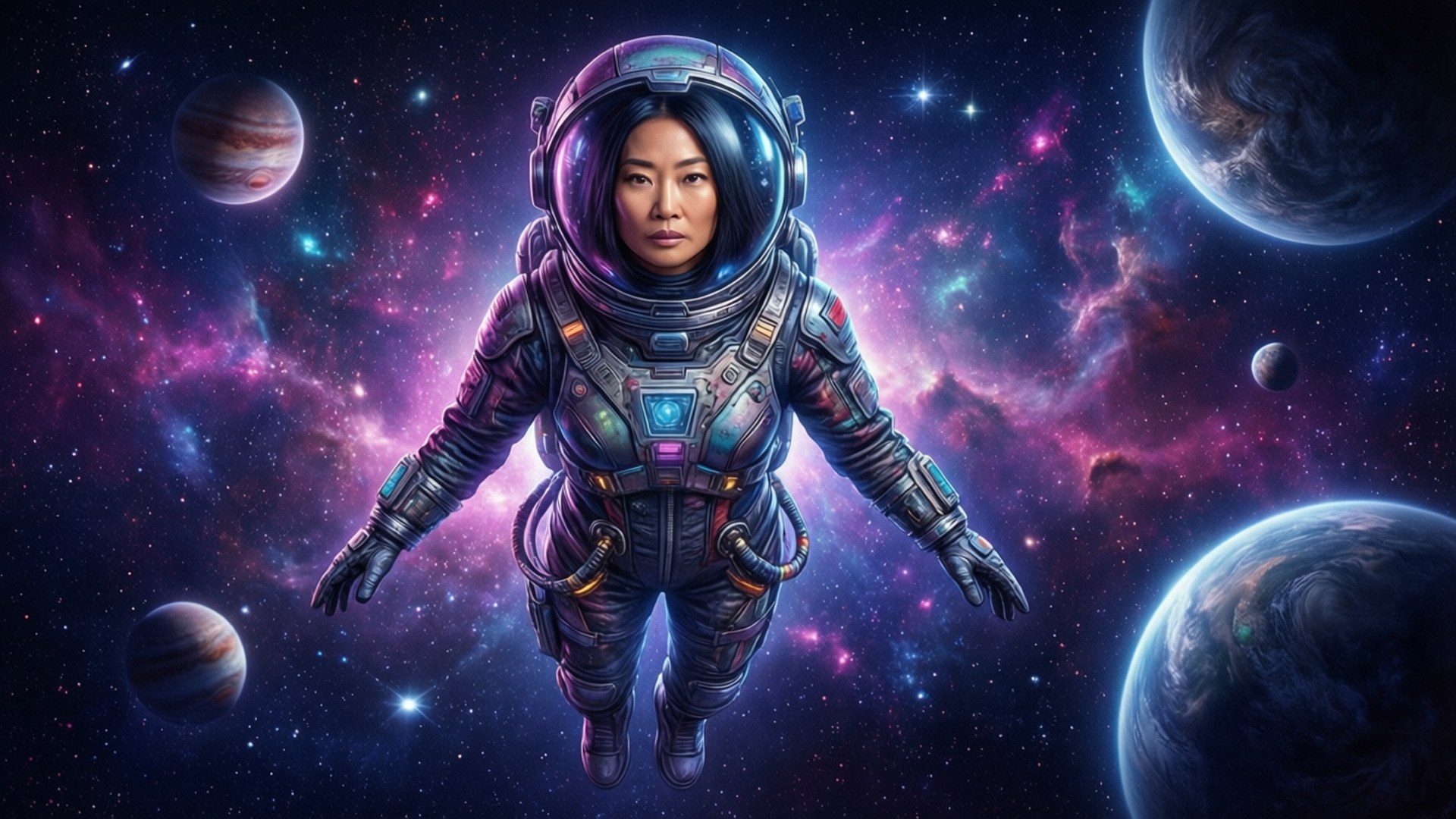 太空探險者 壁紙 — 一名太空人在充滿活力的宇宙星雲中寧靜地漂浮，周圍是色彩繽紛的行星和發光的星星。